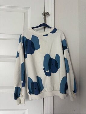 Zara White Crewneck Sweatshirt with Blue Elephant Print
